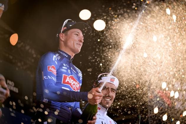Belgian Jasper Philipsen of Alpecin-Premier Tech celebrates on the podium after winning the Nokere Koerse one day cycling race for men elite, 186,4 km from Deinze to Nokere, Kruisem on Wednesday 18 March 2026. DAVIDxPINTENS  x168027256x