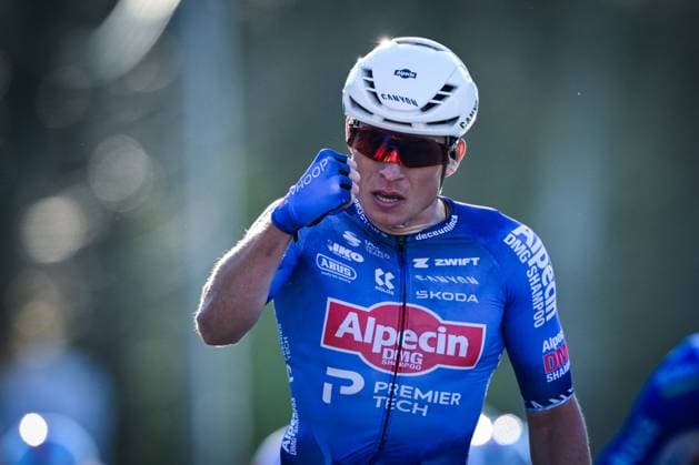Belgian Jasper Philipsen of Alpecin-Premier Tech celebrates as he crosses the finish line to win the Nokere Koerse one day cycling race for men elite, 186,4 km from Deinze to Nokere, Kruisem on Wednesday 18 March 2026. DAVIDxPINTENS  x168027438x