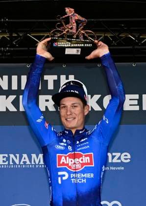 Danilith Nokere Koerse 2026 Cycling Race NOKERE, BELGIUM - MARCH 18 : Philipsen Jasper (BEL) of Alpecin - Premier Tech pictured during the podium ceremony of the 79th edition of Danilith Nokere Koerse an UCI ProSeries 1.Pro one day cycling road race for Men Elite of km with start in Deinze and finish in Nokere on March 18, 2026 in Nokere, Belgium, 18 03 2026 ( Motordriver Danilith Nokere Koerse Cycling Race - Nokere Belgium  Copyright: xJanxDexMeuleneirx