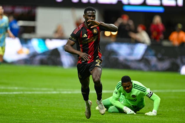ATLANTA, GA - MARCH 14: Emmanuel Latte Lath 9 of Atlanta reacts after scoring a first-half goal during the MLS, Fussball Herren, USA match between the Philadelphia Union and Atlanta United FC on March 14th, 2026 at Mercedes-Benz Stadium in Atlanta, GA. (Photo by Rich von Biberstein Icon Sportswire) SOCCER: MAR 14 MLS Atlanta United vs Philadelphia Union EDITORIAL USE ONLY Icon260314003