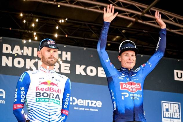 Belgian Jordi Meeus of Red Bull-BORA-hansgrohe and Belgian Jasper Philipsen of Alpecin-Premier Tech pictured on the podium after the Nokere Koerse one day cycling race for men elite, 186,4 km from Deinze to Nokere, Kruisem on Wednesday 18 March 2026. ELIASxROM  x168034118x