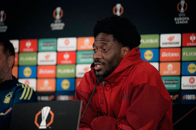 Nottingham Forest press conference, PK, Pressekonferenz - UEFA Europa League Herning, Denmark - March 18: Head coach Vitor Pereira and Ola Aina of Nottingham Forest during a press conference ahead of their match against FC Midtjylland in UEFA Europa League at MCH Arena Herning MCH Arena Denmark Copyright: xDANIELxSTENTZx