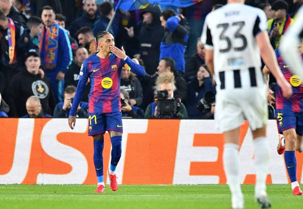 FC Barcelona, Barca v Newcastle United, UEFA Champions League, Football, Camp Nou, Barcelona, SP - 18 Mar 2026 Raphinha of Barcelona celebrates scoring his teams first goal making the score 1-0. Barcelona Camp Nou Barcelona SP, UK NEWSPAPERS OUT Copyright: xMarkxEnfieldx