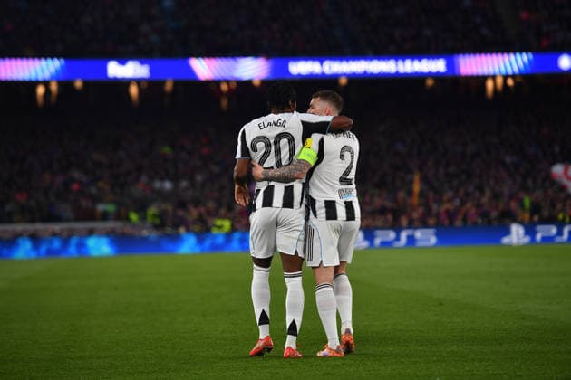 FC Barcelona, Barca v NEWCASTLE UNITED SPOTIFY CAMP NOU. BARCELONA. March 18, 2026 FC BARCELONA vs NEWCASTLE UNITED March 18, 2026 Anthony Elanga (20) of Newcastle United celebrates scoring his team s first goal with Kieran Trippier (2) of Newcastle United during the soccer match corresponding to the round of 16 match of the UEFA Champions League between FC Barcelona and Newcastle United at Spotify Camp Nou in Barcelona, Spain. Barcelona ESP Copyright: xS.xRosx