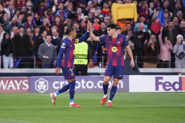 March 18, 2026, Barcelona, Barcelona, SPAIN: Raphinha of FC Barcelona, Barca celebrates a goal with Pau Cubarsi during the UEFA Champions League 2025 26 Round of 16 Second Leg, football match played between FC Barcelona and Newcastle United at Spotify Camp Nou stadium on March 18, 2026 in Barcelona, Spain. Barcelona SPAIN - ZUMAa181 20260318_zaa_a181_040 Copyright: xJavierxBorregox