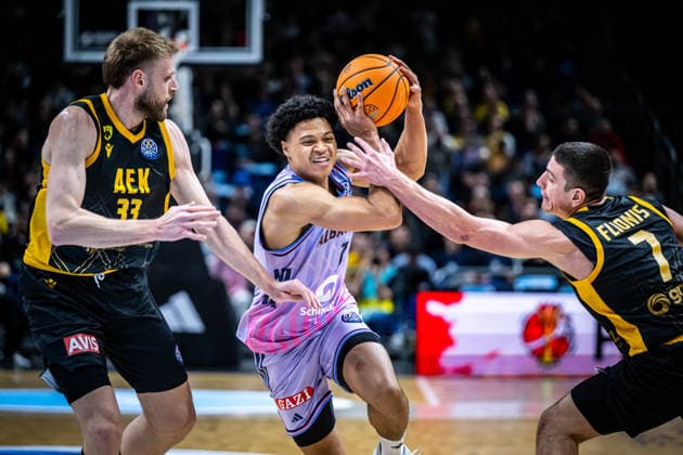 Basketball Berlin 18 03 2026 FIBA Champions League Round Of 16 Alba Berlin AEK Athens Jack Kayil Alba Berlin, No 07 Dimitris Flionis AEK Athens, No 07