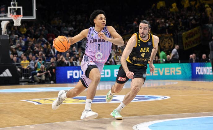 Jack Kayil, Dimitris Katsivelis duel Match scene Action Sport Basketball Champions League CL Men Season 2025 2026 18 03 2026 ALBA Berlin vs AEK BC Athens