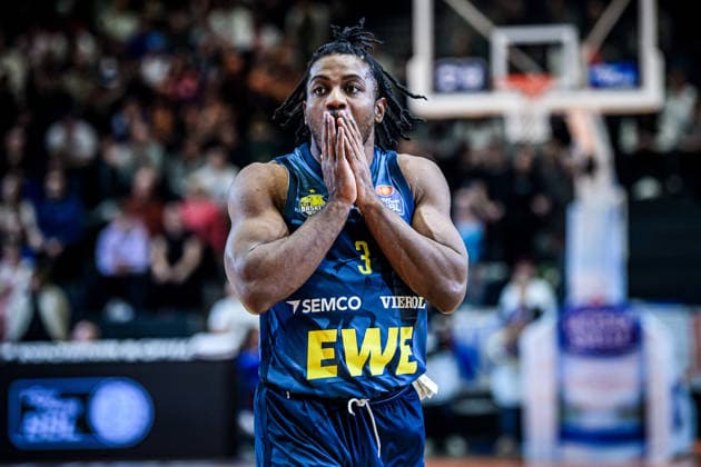 easycredit BBL Basketball Bundesliga 2025 2026 21 Matchday Catch-up 18 03 2026 Science City Jena vs EWE Baskets Oldenburg Christopher Clemons Oldenburg with shocked face, hands in front of mouth, Portrait Sparkassen Arena