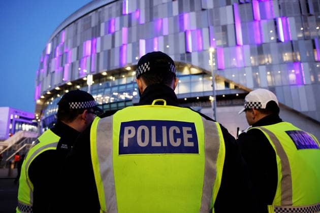 18th March 2026; Tottenham Hotspur Stadium, London, England; UEFA Champions League Football, Tottenham Hotspur versus Atletico Madrid; Metropolitan Police officers outside Tottenham Hotspur Stadium  JPxFletcher Content restricted for UK based newspaper