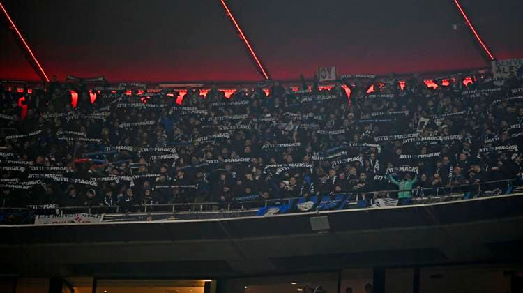 18 03 2026, Football UEFA Championsleague 2025 2026 Round of 16 second leg, FC Bayern Munich Atalanta Bergamo, in the Allianz Arena Munich, The fans from Bergamo DFL and DFB regulations prohibit any use of photographs as image sequences and or quasi video