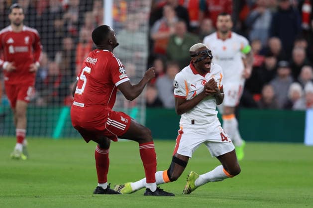 18th March 2026; Anfield, Liverpool, Merseyside, England; UEFA Champions League Football, Liverpool versus Galatasaray; Ibrahima Konate of Liverpool and Victor Osimhen of Galatasaray collide  DavidxBlunsden Content restricted for UK based newspaper