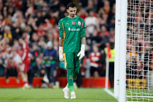 Liverpool, England, 18th March 2026. Ugurcan Cakir of Galatasaray reacts after Dominik Szoboszlai of Liverpool scores to make it 1-0 during the Liverpool vs Galatasaray UEFA Champions League round of 16 match at Anfield, Liverpool. Picture credit should read: Cody Froggatt Sportimage EDITORIAL USE ONLY. No use with unauthorised audio, video, data, fixture lists, club league logos or live services. Online in-match use limited to 120 images, no video emulation. No use in betting, games or single club league player publications. SPI_037_CF_Liverpool_Galatasaray SPI-4618-0037