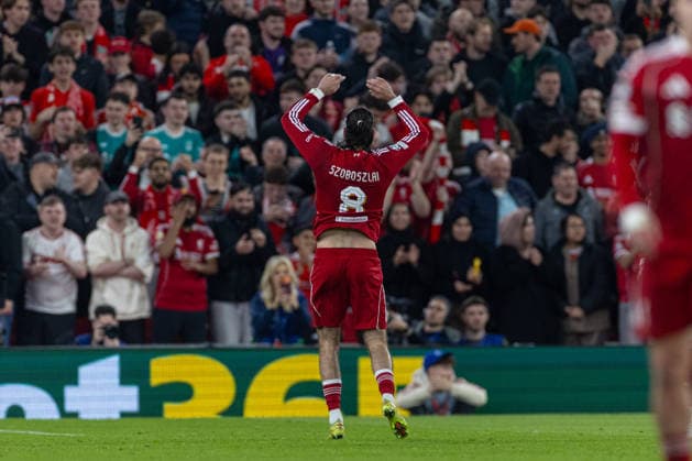 Football - UEFA Champions League - Round of 16 - 2nd Leg - Liverpool FC v Galatasaray A.Åž. LIVERPOOL, ENGLAND - Wednesday, March 18, 2026: Liverpool s Dominik Szoboszlai celebrates after scoring the first goal during the UEFA Champions League Round of 16 2nd Leg match between Liverpool FC and Galatasaray A.Åž. at Anfield. (Photo by David Rawcliffe Propaganda) LIVERPOOL Anfield MERSEYSIDE ENGLAND  Copyright: xDavidxRawcliffex P2026-03-18-Liverpool_Galatasaray-47
