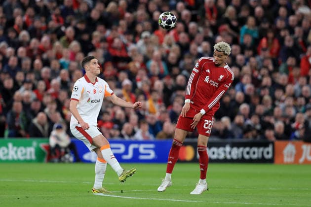 18th March 2026; Anfield, Liverpool, Merseyside, England; UEFA Champions League Football, Liverpool versus Galatasaray; Hugo Ekitike of Liverpool wins as header  DavidxBlunsden Content restricted for UK based newspaper