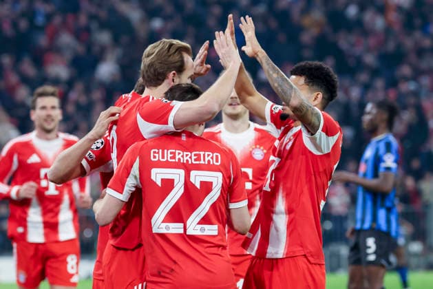 Harry Kane FC Bayern Muenchen celebrates after scoring his teams first goal with Raphael Guerreiro FC Bayern Muenchen and Luis Diaz FC Bayern Muenchen , UEFA Champions League 2025 26 Round of 16 Second Leg, FC Bayern München v Atalanta BC, Football Arena Munich on 18 March 2026 in Munich, Germany Photo by Marco Steinbrenner DeFodi Images Harry Kane FC Bayern Muenchen celebrates after scoring his teams first goal with Raphael Guerreiro FC Bayern Muenchen and Luis Diaz FC Bayern Muenchen , UEFA Champions League 2025 26 Round of 16 Second Leg, FC Bayern München v Atalanta BC, Football Arena Munich, March 18, 2026 in Munich, Germany Photo by Marco Steinbrenner DeFodi Images