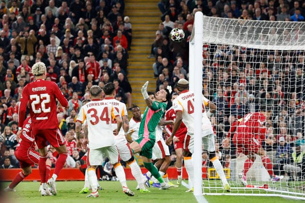 Liverpool, England, 18th March 2026. Ugurcan Cakir of Galatasaray watches on as a shot from Mohamed Salah of Liverpool narrowly misses during the Liverpool vs Galatasaray UEFA Champions League round of 16 match at Anfield, Liverpool. Picture credit should read: Cody Froggatt Sportimage EDITORIAL USE ONLY. No use with unauthorised audio, video, data, fixture lists, club league logos or live services. Online in-match use limited to 120 images, no video emulation. No use in betting, games or single club league player publications. SPI_041_CF_Liverpool_Galatasaray SPI-4618-0041