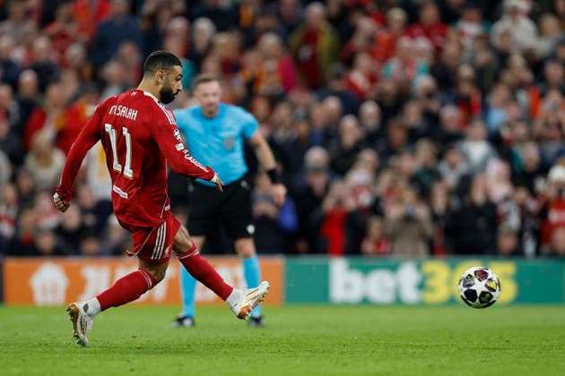 Liverpool, England, 18th March 2026. Mohamed Salah of Liverpool takes and misses a penalty kick during the Liverpool vs Galatasaray UEFA Champions League round of 16 match at Anfield, Liverpool. Picture credit should read: Cody Froggatt Sportimage EDITORIAL USE ONLY. No use with unauthorised audio, video, data, fixture lists, club league logos or live services. Online in-match use limited to 120 images, no video emulation. No use in betting, games or single club league player publications. SPI_044_CF_Liverpool_Galatasaray SPI-4618-0044