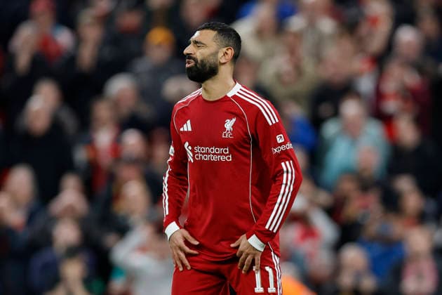 Liverpool, England, 18th March 2026. Mohamed Salah of Liverpool reacts after he takes and misses a penalty kick during the Liverpool vs Galatasaray UEFA Champions League round of 16 match at Anfield, Liverpool. Picture credit should read: Cody Froggatt Sportimage EDITORIAL USE ONLY. No use with unauthorised audio, video, data, fixture lists, club league logos or live services. Online in-match use limited to 120 images, no video emulation. No use in betting, games or single club league player publications. SPI_046_CF_Liverpool_Galatasaray SPI-4618-0046