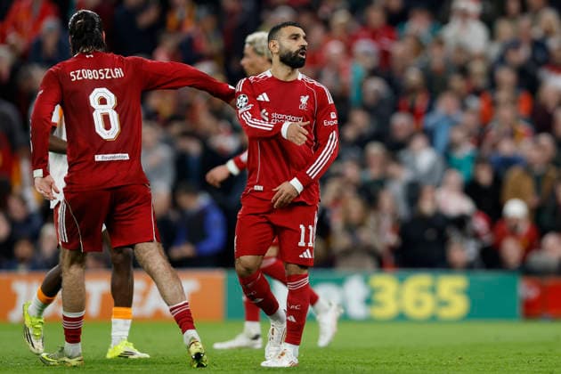 Liverpool, England, 18th March 2026. Dominik Szoboszlai of Liverpool consoles Mohamed Salah of Liverpool after he misses a penalty during the Liverpool vs Galatasaray UEFA Champions League round of 16 match at Anfield, Liverpool. Picture credit should read: Cody Froggatt Sportimage EDITORIAL USE ONLY. No use with unauthorised audio, video, data, fixture lists, club league logos or live services. Online in-match use limited to 120 images, no video emulation. No use in betting, games or single club league player publications. SPI_049_CF_Liverpool_Galatasaray SPI-4618-0049