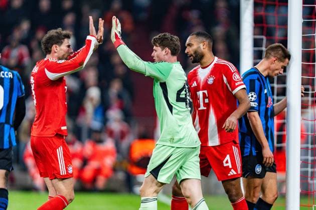 18 03 2026, FC Bayern München vs Atalanta Bergamo, UEFA Champions League, Round of 16 second leg Jonas Urbig FC Bayern Muenchen, 40 Harry Kane FC Bayern Muenchen, 9 Josip Stanisic FC Bayern Muenchen, 44 Jonathan Tah FC Bayern Muenchen, 4 Minjae Kim FC Bayern Muenchen, 3 Leon Goretzka FC Bayern Muenchen, 8 Regulations prohibit any use of photographs as image sequences and or quasi video Copyright: xBahhoxKarax
