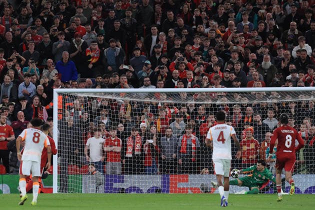 18th March 2026; Anfield, Liverpool, Merseyside, England; UEFA Champions League Football, Liverpool versus Galatasaray; Ugurcan Cak& x131;r of Galatasaray saves the penalty kick of Mohammed Salah of Liverpool  DavidxBlunsden Content restricted for UK based newspaper