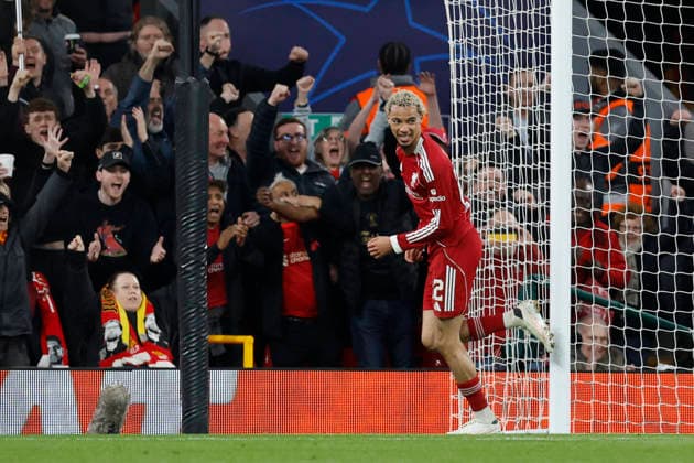Liverpool, England, 18th March 2026. Hugo Ekitike of Liverpool celebrates after scoring to make it 2-1 during the Liverpool vs Galatasaray UEFA Champions League round of 16 match at Anfield, Liverpool. Picture credit should read: Cody Froggatt Sportimage EDITORIAL USE ONLY. No use with unauthorised audio, video, data, fixture lists, club league logos or live services. Online in-match use limited to 120 images, no video emulation. No use in betting, games or single club league player publications. SPI_052_CF_Liverpool_Galatasaray SPI-4618-0052