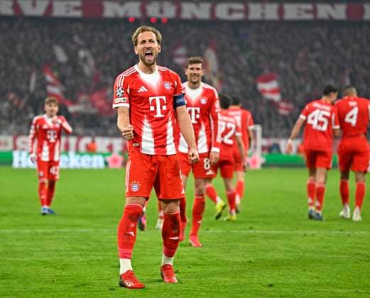 18.03.2026, Fussball UEFA Championsleague 2025 2026: Achtelfinale Rückspiel, FC Bayern München - Atalanta Bergamo, in der Allianz-Arena München, Harry Kane (FC Bayern München) jubelt. ***DFL and DFB regulations prohibit any use of photographs as image sequences and or quasi-video.*** *** 18 03 2026, Football UEFA Championsleague 2025 2026 Round of 16 second leg, FC Bayern Munich Atalanta Bergamo, in the Allianz Arena Munich, Harry Kane FC Bayern Munich cheers DFL and DFB regulations prohibit any use of photographs as image sequences and or quasi video