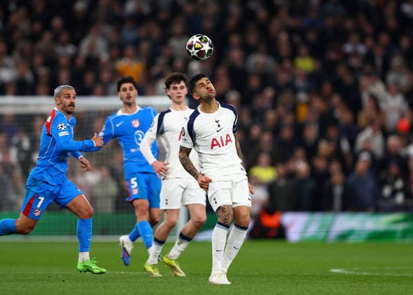 18th March 2026; Tottenham Hotspur Stadium, London, England; UEFA Champions League Football, Tottenham Hotspur versus Atletico Madrid; Cristian Romero of Tottenham Hotspur heads the ball into midfield  JPxFletcher Content restricted for UK based newspaper