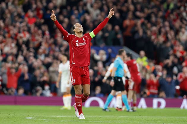 Liverpool, England, 18th March 2026. Virgil van Dijk of Liverpool celebrates after Mohamed Salah of Liverpool scores to make it 4-0 during the Liverpool vs Galatasaray UEFA Champions League round of 16 match at Anfield, Liverpool. Picture credit should read: Cody Froggatt Sportimage EDITORIAL USE ONLY. No use with unauthorised audio, video, data, fixture lists, club league logos or live services. Online in-match use limited to 120 images, no video emulation. No use in betting, games or single club league player publications. SPI_061_CF_Liverpool_Galatasaray SPI-4618-0060