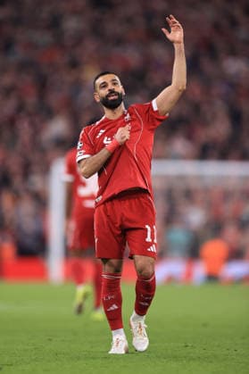Fußball UEFA Champions League Achtelfinale Liverpool gegen Galatasaray 18. März 2026 UEFA Champions League Achtelfinale Liverpool gegen Galatasaray Mohamed Salah von Liverpool feiert seinen vierten Treffer Foto Simon Stacpoole Abseits Liverpool UK  Copyright: xSimonxStacpoolexOffside