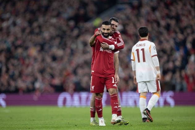 Football - UEFA Champions League - Round of 16 - 2nd Leg - Liverpool FC v Galatasaray A.Åž. LIVERPOOL, ENGLAND - Wednesday, March 18, 2026: Liverpool s Mohamed Salah celebrates with team-mate Dominik Szoboszlai (R) after scoring the fourth goal during the UEFA Champions League Round of 16 2nd Leg match between Liverpool FC and Galatasaray A.Åž. at Anfield. (Photo by David Rawcliffe Propaganda) LIVERPOOL Anfield MERSEYSIDE ENGLAND  Copyright: xDavidxRawcliffex P2026-03-18-Liverpool_Galatasaray-93