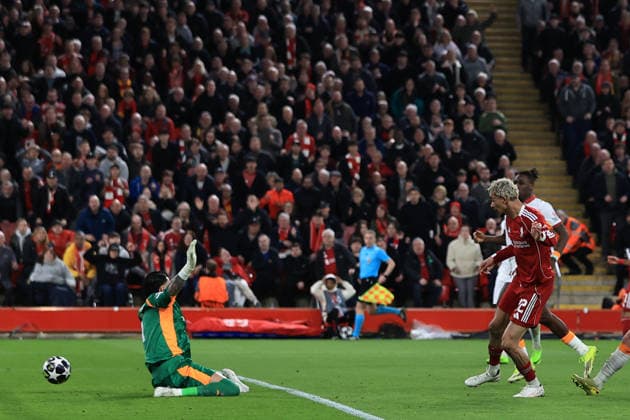 18th March 2026; Anfield, Liverpool, Merseyside, England; UEFA Champions League Football, Liverpool versus Galatasaray; Hugo Ekitike of Liverpool scores for 2-1  DavidxBlunsden Content restricted for UK based newspaper