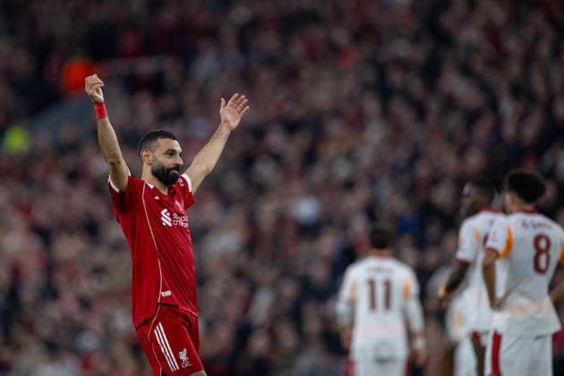 Football - UEFA Champions League - Round of 16 - 2nd Leg - Liverpool FC v Galatasaray A.Åž. LIVERPOOL, ENGLAND - Wednesday, March 18, 2026: Liverpool s Mohamed Salah celebrates after scoring the fourth (and 50th European) goal during the UEFA Champions League Round of 16 2nd Leg match between Liverpool FC and Galatasaray A.Åž. at Anfield. (Photo by David Rawcliffe Propaganda) LIVERPOOL Anfield MERSEYSIDE ENGLAND  Copyright: xDavidxRawcliffex P2026-03-18-Liverpool_Galatasaray-97