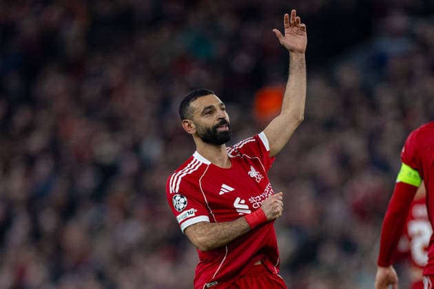 Football - UEFA Champions League - Round of 16 - 2nd Leg - Liverpool FC v Galatasaray A.Åž. LIVERPOOL, ENGLAND - Wednesday, March 18, 2026: Liverpool s Mohamed Salah celebrates by pulling the shirt after scoring the fourth (and 50th European) goal during the UEFA Champions League Round of 16 2nd Leg match between Liverpool FC and Galatasaray A.Åž. at Anfield. (Photo by David Rawcliffe Propaganda) LIVERPOOL Anfield MERSEYSIDE ENGLAND  Copyright: xDavidxRawcliffex P2026-03-18-Liverpool_Galatasaray-101