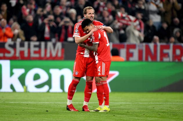 FOOTBALL CHAMPIONS LEAGUE SEASON 2025 2026 Round of 16 second leg 18 03 2026 FC Bayern Muenchen Atalanta Bergamo FC Bayern Muenchen celebrating after the 2-0 goal, from left, goal scorer Harry Kane with Luis Diaz