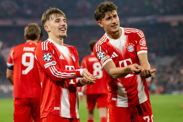 Goal celebration Karl Lennart 42 FC Bayern Muenchen and Tom Bischof 20 FC Bayern Muenchen with symbolism, FC Bayern Muenchen vs Atalanta Bergamo, Football, UEFA Champions League, Round of 16 second leg, 18 03 2026 DFB regulations prohibit any use of photographs as image sequences and or quasi video Muenchen Bayern Germany Copyright: xkolbert-press UlrichxGamelx