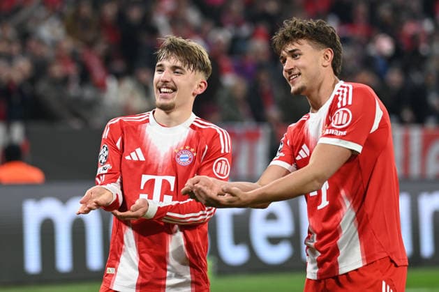 Lennart Karl (Fc Bayern Munchen) celebrating his goal with TomBiuschof (Fc Bayern Munchen) during FC Bayern Munchen vs Atalanta BC, UEFA Champions League football match in Munchen, Germany, March 18 2026  Copyright: xGianlucaxRicci IPAxSportx xipa-agency.netx xx IPA_73097732 IPA_Agency_IPA73097732