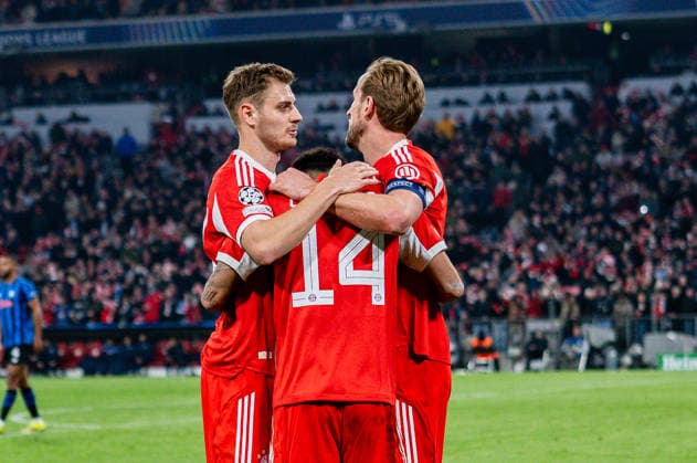 18 03 2026, FC Bayern München vs Atalanta Bergamo, UEFA Champions League, Round of 16 second leg goal for 4 0 by Luis Diaz FC Bayern München, 14 Josip Stanisic FC Bayern Muenchen, 44 Harry Kane FC Bayern Muenchen, 9 Regulations prohibit any use of photographs as image sequences and or quasi video Copyright: xBahhoxKarax