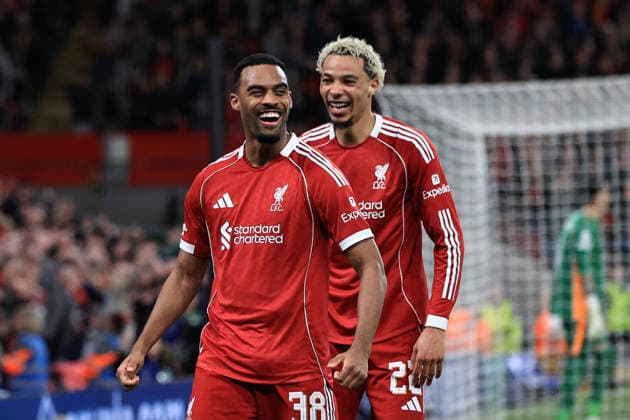 18th March 2026; Anfield, Liverpool, Merseyside, England; UEFA Champions League Football, Liverpool versus Galatasaray; Ryan Gravenberch of Liverpool celebrates after scoring for 3-0  DavidxBlunsden