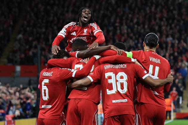 18th March 2026; Anfield, Liverpool, Merseyside, England; UEFA Champions League Football, Liverpool versus Galatasaray; Ryan Gravenberch of Liverpool celebrates with his team mates after scoring for 3-0  DavidxBlunsden