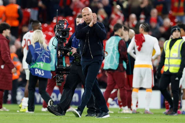 Liverpool, England, 18th March 2026. Arne Slot manager of Liverpool applauds the fans after the Liverpool vs Galatasaray UEFA Champions League round of 16 match at Anfield, Liverpool. Picture credit should read: Cody Froggatt Sportimage EDITORIAL USE ONLY. No use with unauthorised audio, video, data, fixture lists, club league logos or live services. Online in-match use limited to 120 images, no video emulation. No use in betting, games or single club league player publications. SPI_078_CF_Liverpool_Galatasaray SPI-4618-0077
