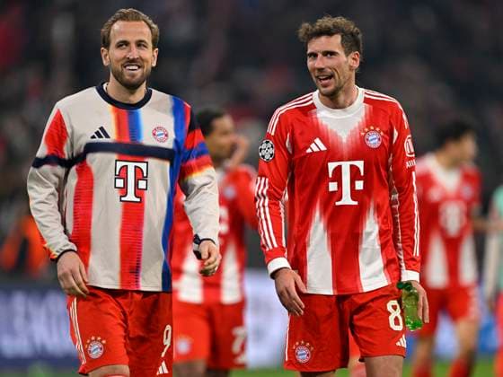 18 03 2026, Football UEFA Championsleague 2025 2026 Round of 16 second leg, FC Bayern Munich Atalanta Bergamo, at the Allianz Arena Munich, v l Harry Kane FC Bayern Munich and Leon Goretzka FC Bayern Munich are satisfied DFL and DFB regulations prohibit any use of photographs as image sequences and or quasi video