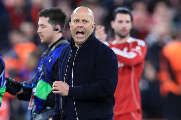 18th March 2026; Anfield, Liverpool, Merseyside, England; UEFA Champions League Football, Liverpool versus Galatasaray; Liverpool manager Arne Slot celebrates at full time  DavidxBlunsden