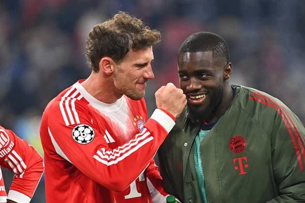 Final cheer Leon GORETZKA Bayern Muenchen ,Dayot UPAMECANO Bayern Muenchen , jubilation,joy,excitement,action, Soccer Champions League,Season 2025 26, Round of 16 FC Bayern Muenchen Atalanta Bergamo 4 1 on 18 03 2026 A L L I A N Z A R E N A