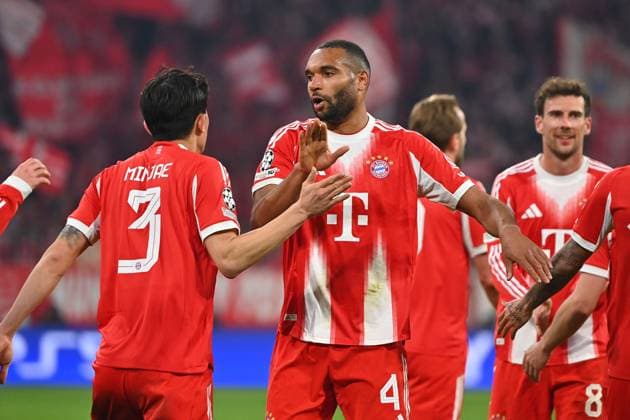 from left Minjae KIM FC Bayern Muenchen , Jonathan TAH Bayern Muenchen ,Action Football Champions League,Season 2025 26, Round of 16 FC Bayern Muenchen Atalanta Bergamo 4 1 on 18 03 2026 A L L I A N Z A R E N A
