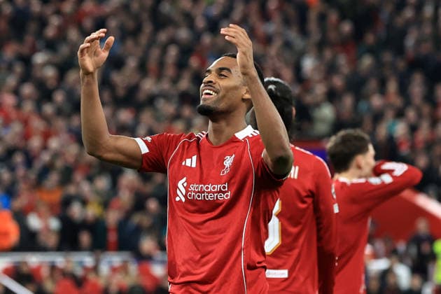 18th March 2026; Anfield, Liverpool, Merseyside, England; UEFA Champions League Football, Liverpool versus Galatasaray; Ryan Gravenberch of Liverpool celebrates after scoring for 3-0 after 53 minutes  DavidxBlunsden