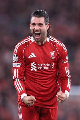 Fußball UEFA Champions League Achtelfinale Liverpool gegen Galatasaray 18. März 2026 UEFA Champions League Achtelfinale Liverpool gegen Galatasaray Dominik Szoboszlai von Liverpool jubelt Foto Simon Stacpoole Abseits Liverpool UK  Copyright: xSimonxStacpoolexOffside
