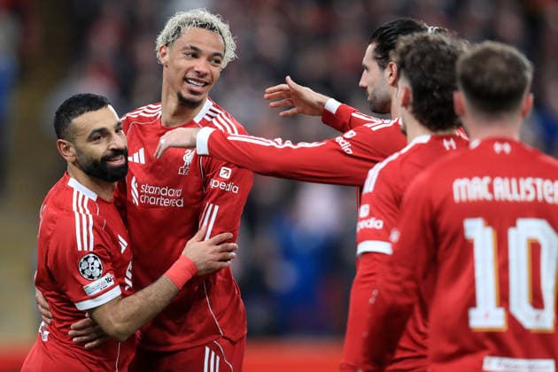 18th March 2026; Anfield, Liverpool, Merseyside, England; UEFA Champions League Football, Liverpool versus Galatasaray; Hugo Ekitike of Liverpool celebrates after scoring for 2-0 after 51 minutes with team mate Mohammed Salah of Liverpool  DavidxBlunsden