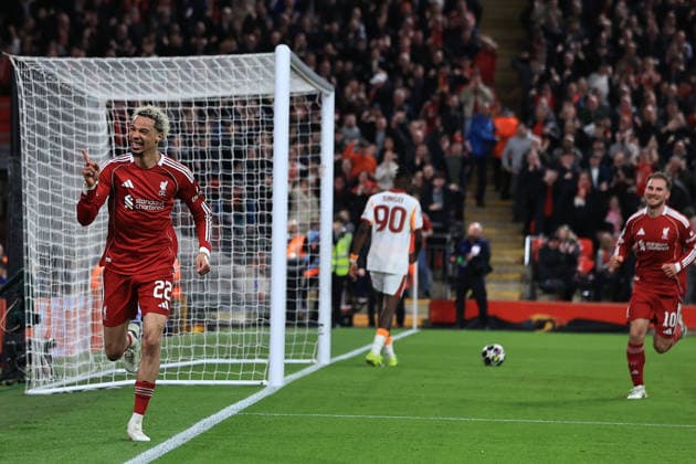 18th March 2026; Anfield, Liverpool, Merseyside, England; UEFA Champions League Football, Liverpool versus Galatasaray; Hugo Ekitike of Liverpool celebrates after scoring for 2-0 after 51 minutes  DavidxBlunsden
