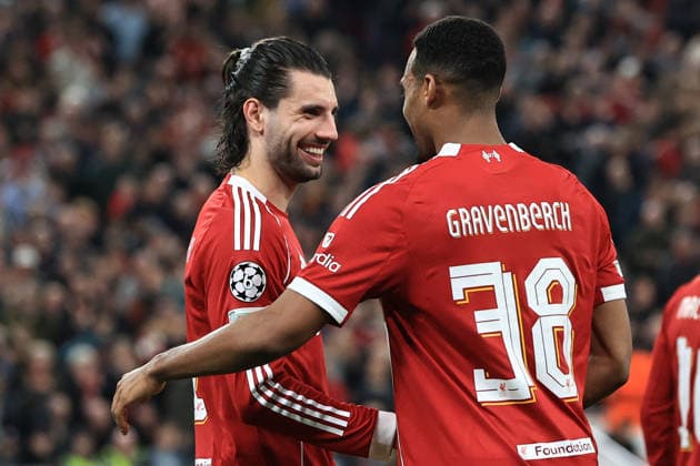 18th March 2026; Anfield, Liverpool, Merseyside, England; UEFA Champions League Football, Liverpool versus Galatasaray; Ryan Gravenberch of Liverpool celebrates after scoring for 3-0 with team mate Dominik Szoboszlai  DavidxBlunsden